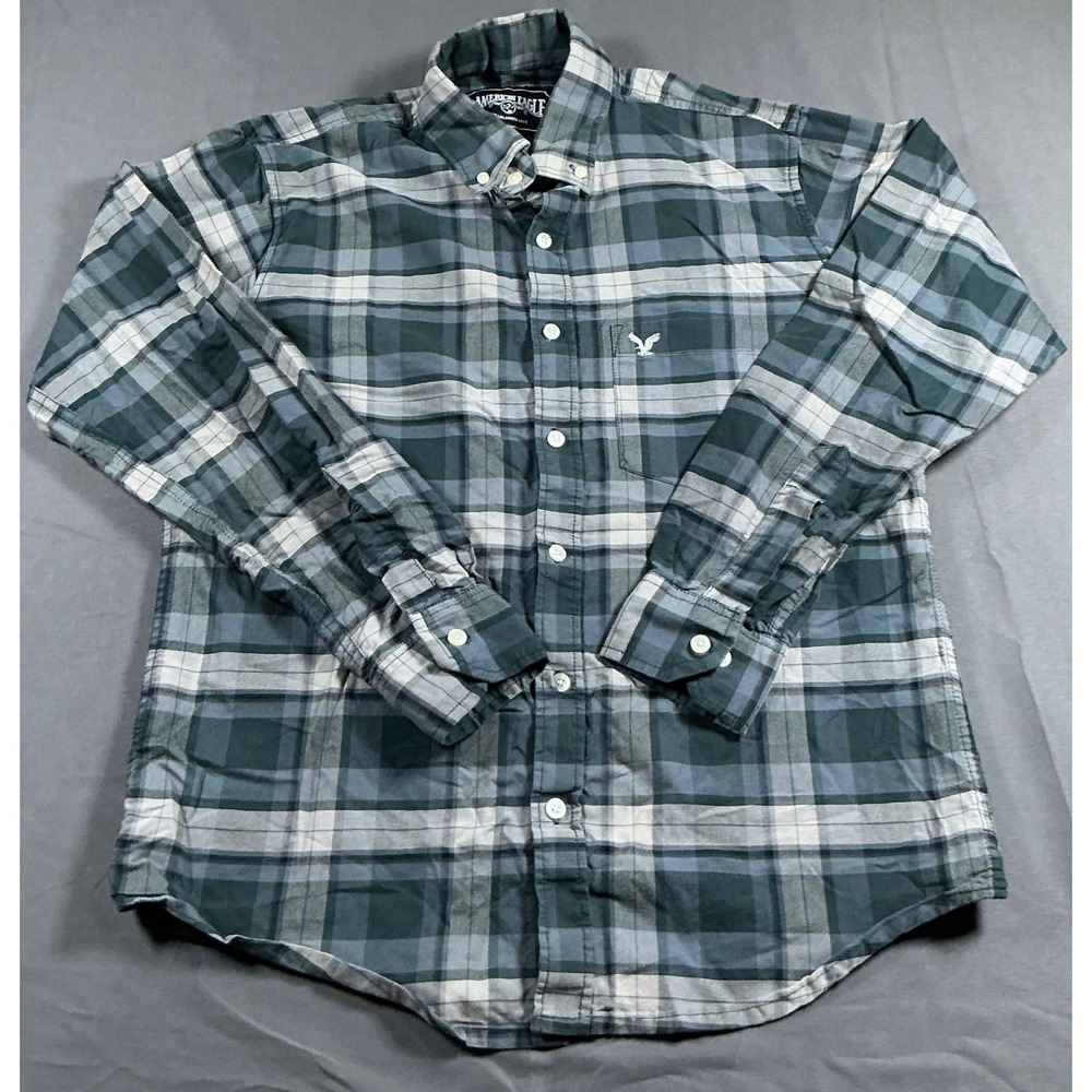 American Eagle Mens Large Green Plaid Button Down Shirt Long Sleeve Eagle Logo